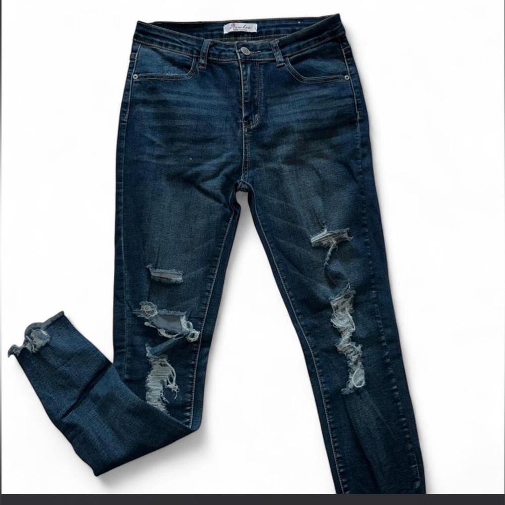 BAMBOO Dark Blue Distressed Skinny Jeans